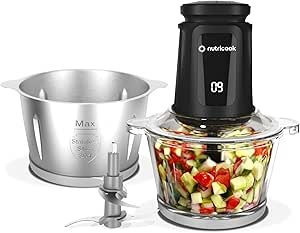 KitchenHub 2+2 L XXL Glass & SS Chopper and Mincer,500W - Pulse & 2 speeds, 2-Removable 4 SS -Blade for Chopping, Ice Crushing, Meat Mincing, Grinding, Pureeing & more - BLk, 2 Yr Warranty
